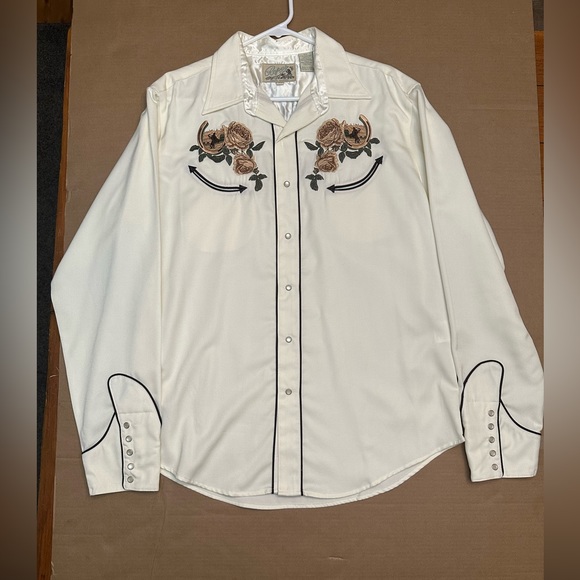 Vintage 90s Roper Western Cowboy Shirt Large Pearl Snap White Gold Southwestern
